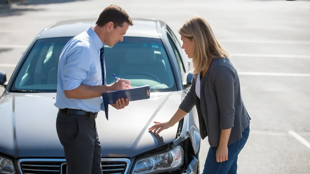 Auto insurance adjuster reviewing vehicle damage with the car owner during an insurance adjuster visit, ensuring proper documentation.